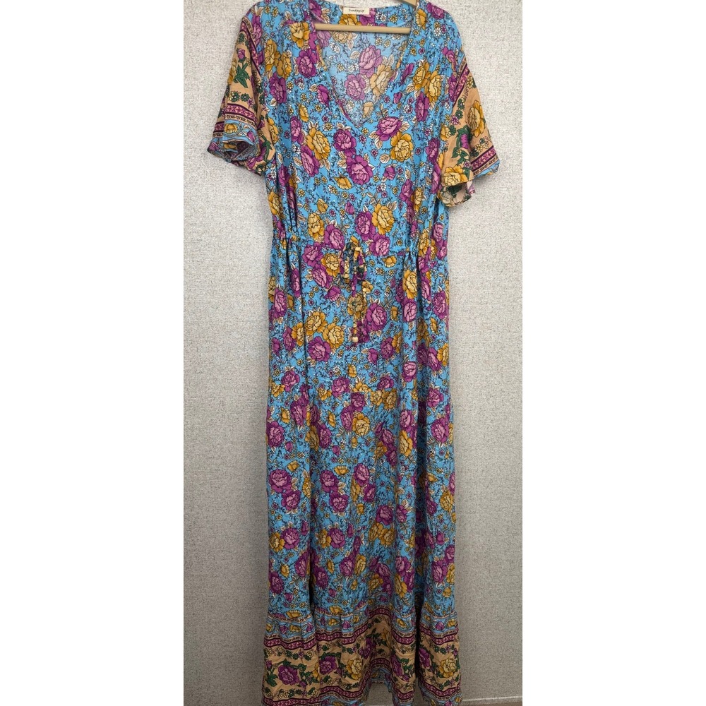 SundayUp Boho Floral Maxi Dress — L — Blue Pink Yellow V-Neck Flutter Sleeve